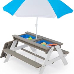 Wooden Kids Picnic Table, Sand And Water Table With Umbrella, Activity Table For Outdoor Backyard Patio Play - White / Gray