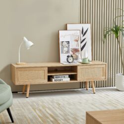 55.12" Rattan TV Cabinet, Double Sliding Doors For Storage, Adjustable Shelf, Solid Wood Legs, TV Console For Living Room - Natural
