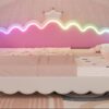 Twin Extending Daybed With LED Lights, Modern Upholstered Princess Daybed With Crown Headboard - White - Image 19