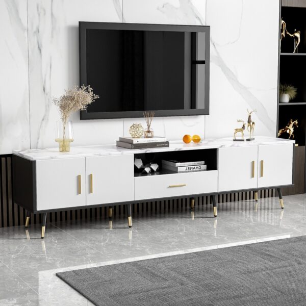 Modern TV Stand & 2 Cabinets & Open Compartments, Entertainment Center For Tvs Up To 80'', Television Console For Living Room - White / Black