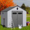 1 Resin Plastic Storage Shed For Backyard Garden With Spire Tool Storage - Black / Gray - Image 11