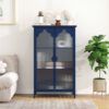 2 Doors Metal Storage Cabinet Display Cabinet With Glass Doors Metal Kitchen Sideboard Buffet Cabinet Glass Storage Cabinet For Dining Room Living Room Bedroom - Dark Blue - Image 4