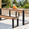 3 Pieces Outdoor Dining Table With 2 Benches, Patio Dining Set With Unique Top Texture, Acacia Wood Top & Steel Frame, All Weather Use, For Outdoor & Indoor - Natural - Image 3
