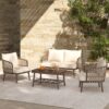4 Piece Outdoor Patio Furniture Set, Metal Chairs With Woven Rope U Shaped Backrest, Outdoor Conversation Set With Thick Cushions And Coffee Table For Garden, Poolside, Balcony - Brown / Beige - Image 4