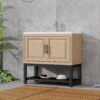Modern Freestanding 36" Bathroom Vanity With Ceramic Sink, Hot And Cold Faucet, Storage Cabinet & Open Iron Shelf - Natural - Image 4