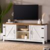 Modern Farmhouse Barn Door 3 Shelf TV Stand For TVs Up To 65” - Rustic Oak / Brushed White - Image 4