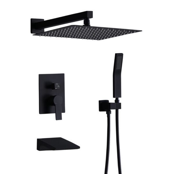 All Metal Tub Shower Faucet Set With 12" Rain Shower Head And Handheld Spray Combo, Wall Mounted - Matte Black