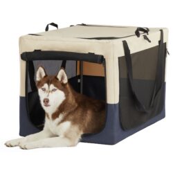 Dog Crates For Dogs, Adjustable Cover By Spiral Iron Pipe, Strengthen Sewing Dog Travel Crate 3 Door Design - White / Blue