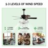 52" Crystal Shade Ceiling Fan Lamp, 3 Speed, 4 Timing, 5 Reversible Blades Crystal Ceiling Fan, 5 Pieces X E12 (No Include Bulb), Hand Pull Chain - Matte Black - Image 12