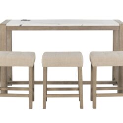 Vanilla - Real Marble Sofa Table With Power And 3 Stools - Beige / Natural