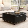 Large Square Storage Stool With 2 Storage Doors, Footstool For Living Room Studded Mid - Century Modern Coffee Table - Black - Image 2