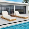 Premium Acacia Wood Lounge Chaise Set With Water Resistant Cushions, Adjustable Recline - Cream / Teak - Image 6