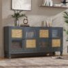 Retro Industrial Gray 4 Door Sideboard With Large Storage, Rattan And Glass Doors - Antique Dark Gray / Rattan - Image 2