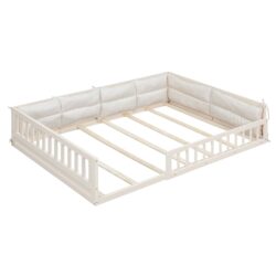 Wood Full Size Upholstered Platform Bed With Guardrail And Pillow - Beige