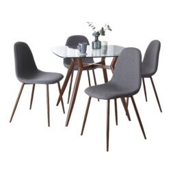 Clara Pebble - 5 Piece Square Tabletop Mid-Century Modern Dining Set - Walnut / Charcoal