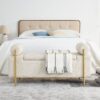 Elegant Upholstered Linen Storage Bench With Cylindrical Arms And Iron Legs - Beige - Image 5