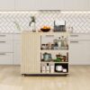 Kitchen Island Cart, Rolling Serving Utility Trolley Cart Modern Kitchen Island With Storage Drawer Wine Rack Lockable Casters, Kitchen Cart For Kitchen, Dining Room, Bar Living Room - Natural - Image 2
