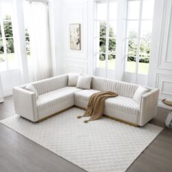 Contemporary Vertical Channel Tufted Velvet Sectional Sofa For Living Room With 4 Pillows - Beige