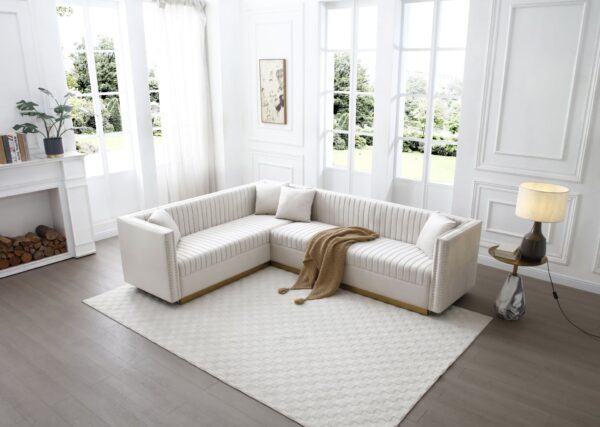 Contemporary Vertical Channel Tufted Velvet Sectional Sofa For Living Room With 4 Pillows - Beige