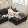 2 Seater L Shaped Chaise Sofa With Reversible Cushion Corduroy Fabric, USB - C Charging Port, Storage Pocket, Convertible Left / Right Design For Living Room - Gray - Image 4