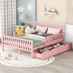 Full Size Platform Bed With Guardrails On Both Sides And 2 Storage Drawers - Pink