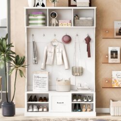 Hall Tree With 6 Hooks, Coat Hanger, Entryway Bench, 3 In 1 Design, A Spacious Drawer For Entrance, Living Room - White