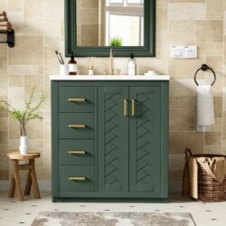 Bathroom Vanity With Ceramic Sink Combo, Frame Bathroom Storage Cabinet, Freestanding Vanity Set With 3 Drawers & Soft Closing Doors - Green
