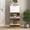 Freestanding Shoe Storage Cabinet With 3 Flip Drawers - White / Natural - Image 3