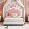 Twin Size Upholstered Princess Bed & Crown Headboard, Platform Bed With Headboard And Footboard - White / Pink - Image 4