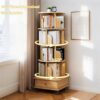 5 Tier Rotating Bookshelf With Wheels And Drawer, 360° Spinning Design, Space Saving Storage, For Home And Office, Wood - Oak - Image 6
