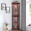 Corner Curio Cabinet With Lights, Adjustable Tempered Glass Shelves, Mirrored Back, Display Cabinet (E26 Light Bulb Not Included) - Light Walnut - Image 16