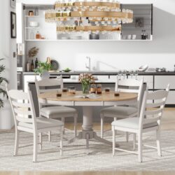 Retro 5 Piece Dining Table Set With Extendable Round Table And Upholstered Chairs - Off White