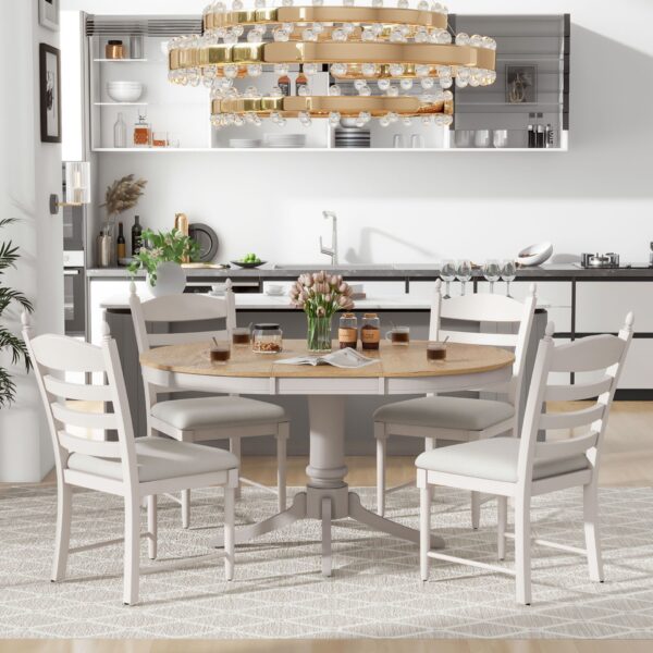 Retro 5 Piece Dining Table Set With Extendable Round Table And Upholstered Chairs - Off White