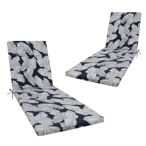 2 Piece Indoor / Outdoor Chaise Lounge Chair Cushion Set With Ties, Patio Seat Cushions For Lawn, Pool & Beach - Blue Leaf