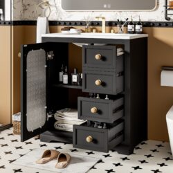Bathroom Vanity With A Soft Close Glass Door, Adjustable Shelves, And Three Drawers - Black