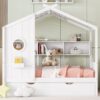 Full Size House Bed With Trundle, Modern Design For Kids With Storage Shlef - White - Image 2