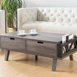 Antique Wooden Livingroom Coffee Table With Two Storage Drawers - Distressed Gray / Black