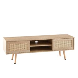55.12" Rattan TV Cabinet, Double Sliding Doors For Storage, Adjustable Shelf, Solid Wood Legs, TV Console For Living Room - Natural