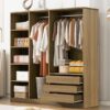 Doorless Storage Wardrobe For Dedroom With Shelves And 3 Drawers - Nature - Image 16