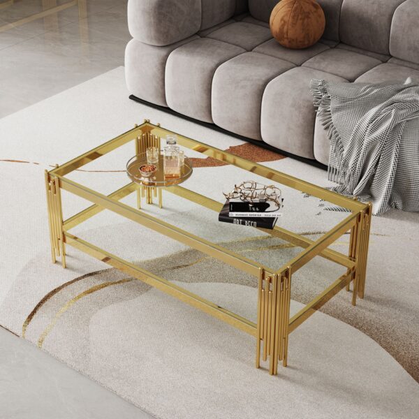 Top And Bottom Double Layer Tempered Glass Coffee Table And Mirror Finished Stainless Steel Frame - Gold