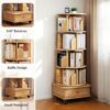 5 Tier Rotating Bookshelf With Wheels And Drawer, 360° Spinning Design, Space Saving Storage, For Home And Office, Wood - Oak - Image 3
