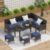 7 Piece Outdoor Furniture Set Waterproof Cushions Glass Table Space Saving - Blue - Image 2