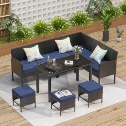 7 Piece Outdoor Furniture Set Waterproof Cushions Glass Table Space Saving - Blue