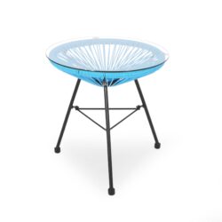 Nusa - Modern Rattan Side Table With Tempered Glass Top - Blue