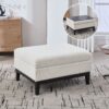 Upholstered Wood Base Storage Ottoman With Reversible Lid Coffee Table, Foot Stool Square Footrest With Rubberwood Legs For Living Room Bedroom Entryway And Office - Ivory - Image 4