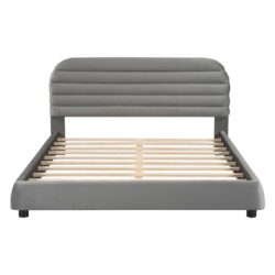Queen Size Upholstered Platform Bed Frame And Stylish Curve Shaped Design - Gray