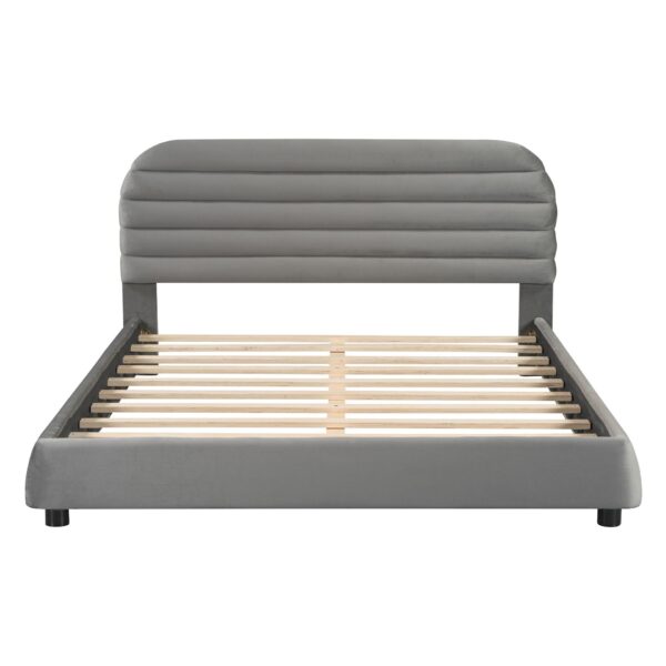 Queen Size Upholstered Platform Bed Frame And Stylish Curve Shaped Design - Gray