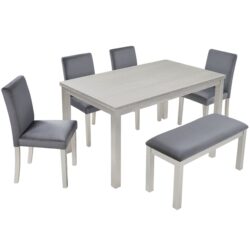 6 Pieces Wooden Dining Table Set, Wooden Dining Table With 4 Upholstered Chairs And Bench For 6 People - Silver Gray