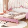 Twin Extending Daybed With LED Lights, Modern Upholstered Princess Daybed With Crown Headboard - Pink - Image 24