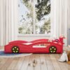 Wooden Race Car Bed, Car Shaped Platform Twin Bed With Wheels For Teens - Red / Yellow - Image 2